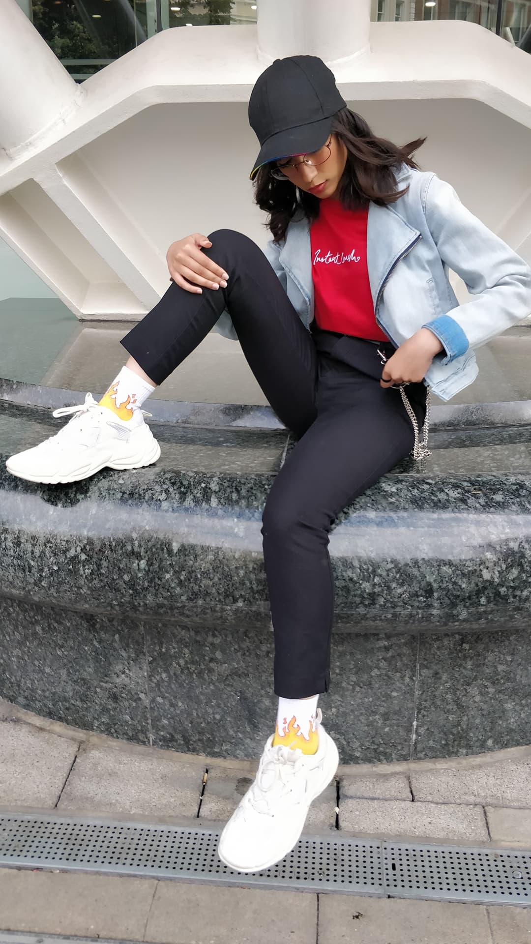 Sneakers - Contrats XL Sole Trainers from Bershka - £45.99
Socks - Flame Crew Sock from Monki - £5
Trousers - Smart Trousers with Belt from Stradivarius - £19.99
Tshirt - Cotton T-shirt from H&M - £3.99
Jacket - Denim Jacket from H&M Kids - £39.99
Accessories - Trouser Chain from Bershka